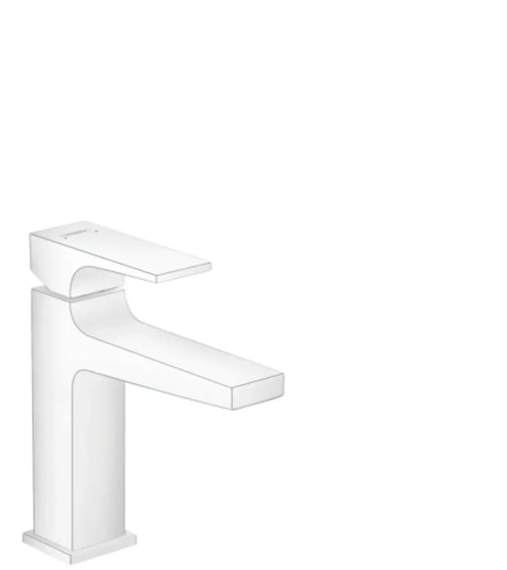 Weißer Einhebel-Waschtischmischer von Hansgrohe mit flachem Hebelgriff und integriertem Push-Open Ablauf in schlichtem Design. Ideal für moderne Bäder.